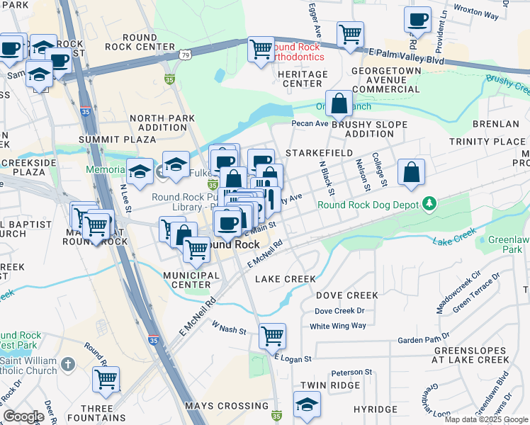 map of restaurants, bars, coffee shops, grocery stores, and more near 301 East Liberty Avenue in Round Rock