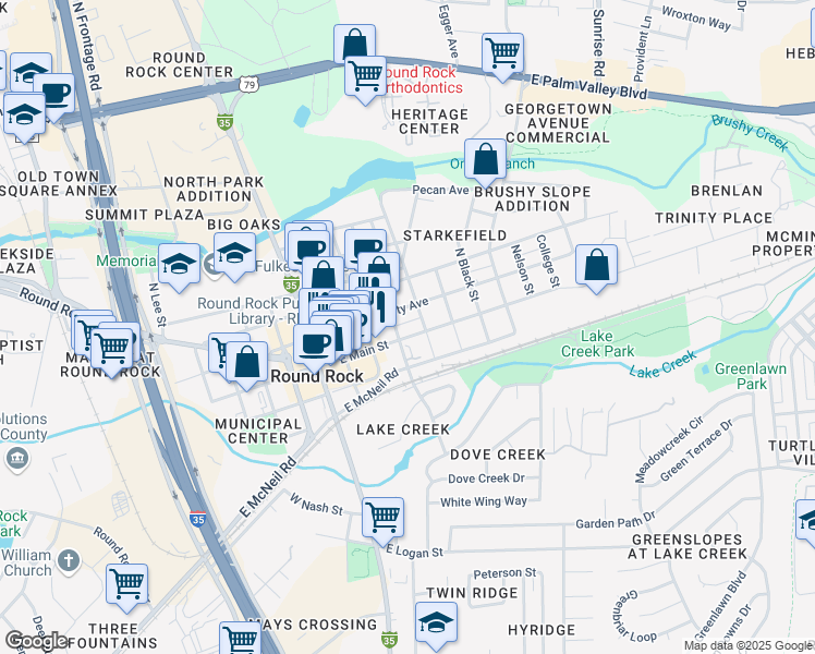 map of restaurants, bars, coffee shops, grocery stores, and more near 402 East Main Street in Round Rock
