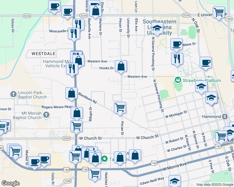 map of restaurants, bars, coffee shops, grocery stores, and more near 29 Joe Iverstine Place in Hammond