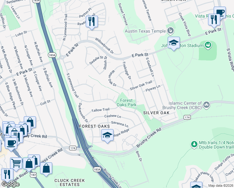 map of restaurants, bars, coffee shops, grocery stores, and more near 1108 Camden Cove in Cedar Park