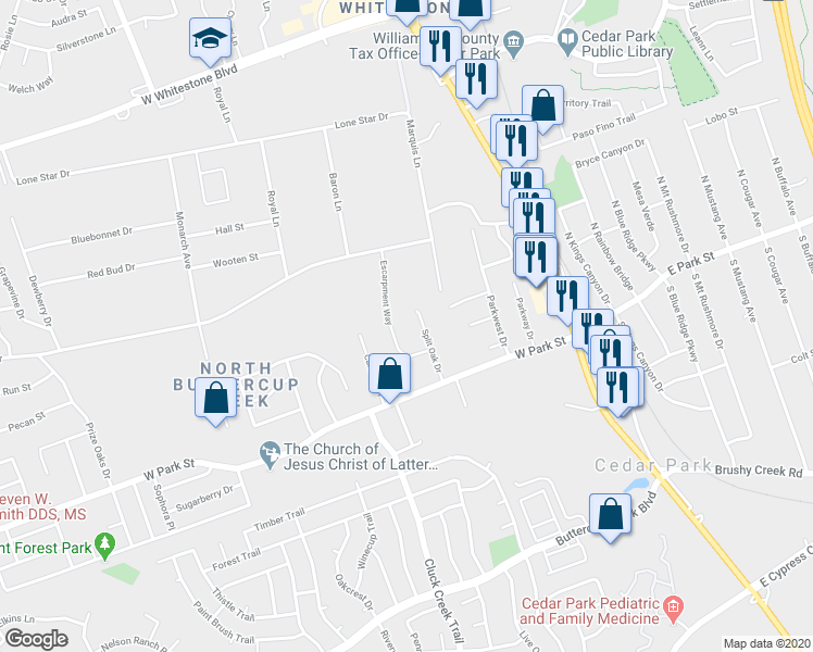 map of restaurants, bars, coffee shops, grocery stores, and more near 603 West Park Street in Cedar Park