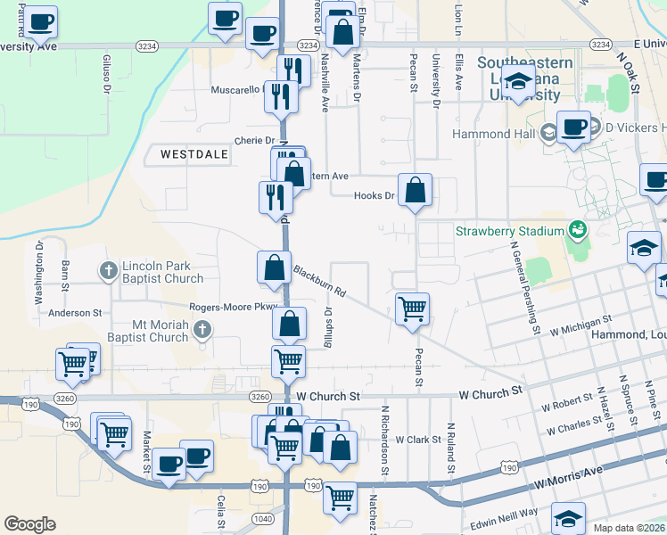 map of restaurants, bars, coffee shops, grocery stores, and more near 313 Alexander Drive in Hammond