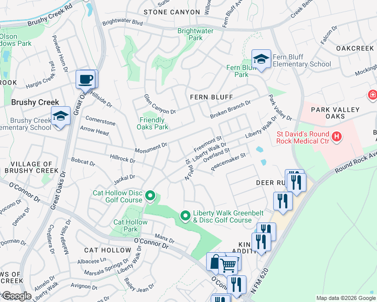 map of restaurants, bars, coffee shops, grocery stores, and more near 3110 Freemont Street in Round Rock