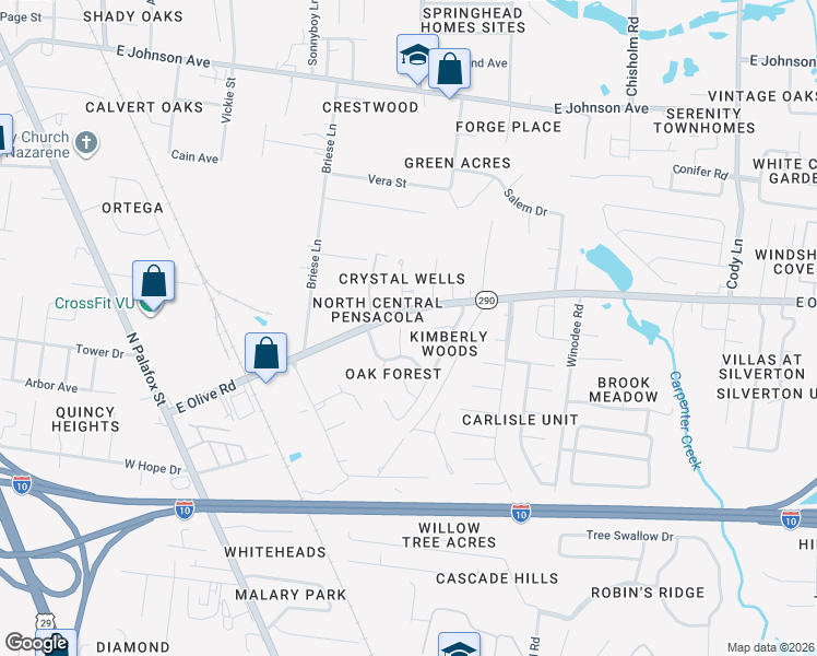 map of restaurants, bars, coffee shops, grocery stores, and more near 7820 Oak Forest Place in Pensacola