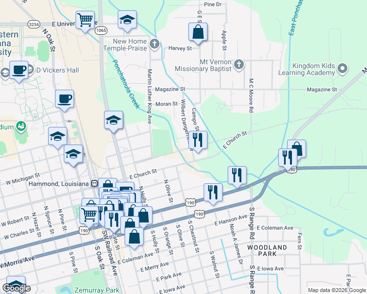 map of restaurants, bars, coffee shops, grocery stores, and more near 711 East Robinson Street in Hammond