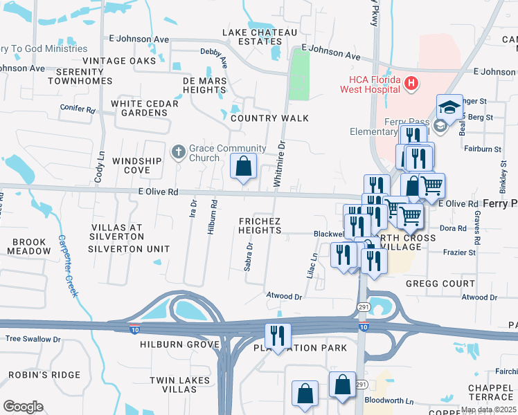map of restaurants, bars, coffee shops, grocery stores, and more near 1536 Erwin Drive in Pensacola