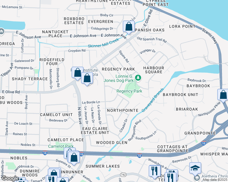 map of restaurants, bars, coffee shops, grocery stores, and more near 4419 Eastpointe Drive in Pensacola