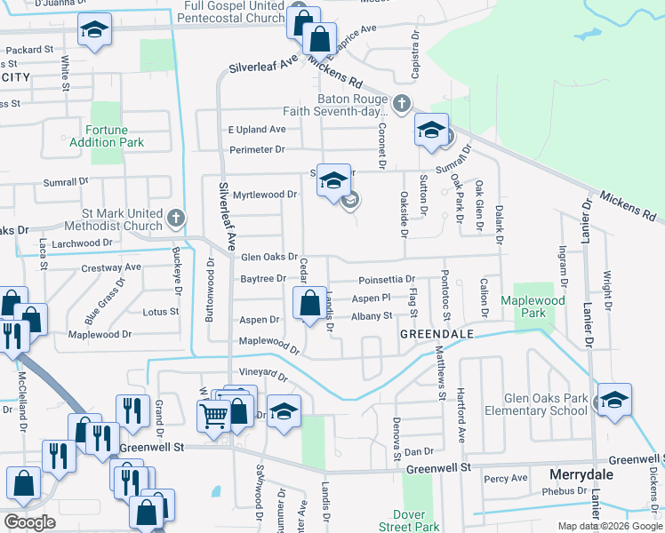 map of restaurants, bars, coffee shops, grocery stores, and more near 6472 Landis Drive in Baton Rouge