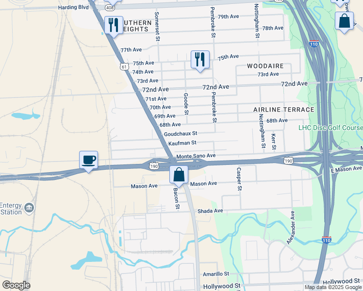 map of restaurants, bars, coffee shops, grocery stores, and more near 1964 Kaufman Street in Baton Rouge