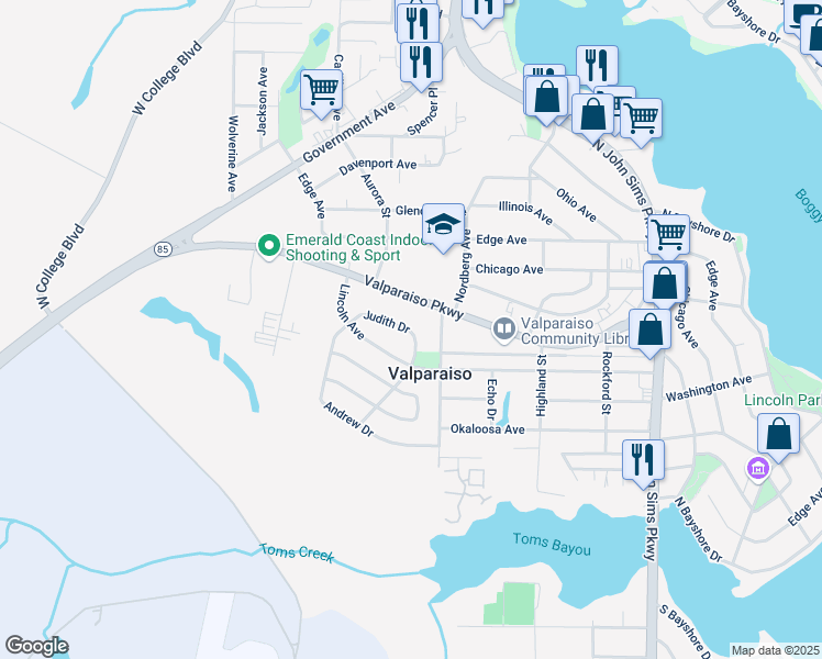 map of restaurants, bars, coffee shops, grocery stores, and more near 136 Judith Drive in Valparaiso