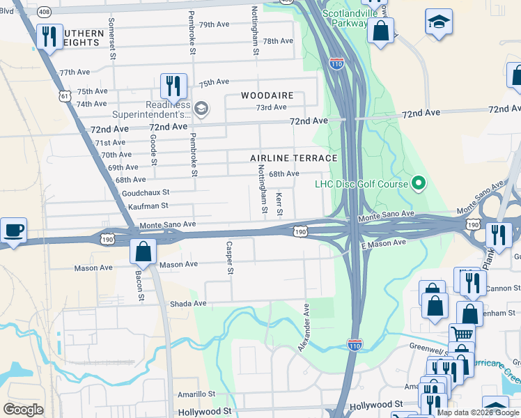 map of restaurants, bars, coffee shops, grocery stores, and more near 6536 Nottingham Street in Baton Rouge