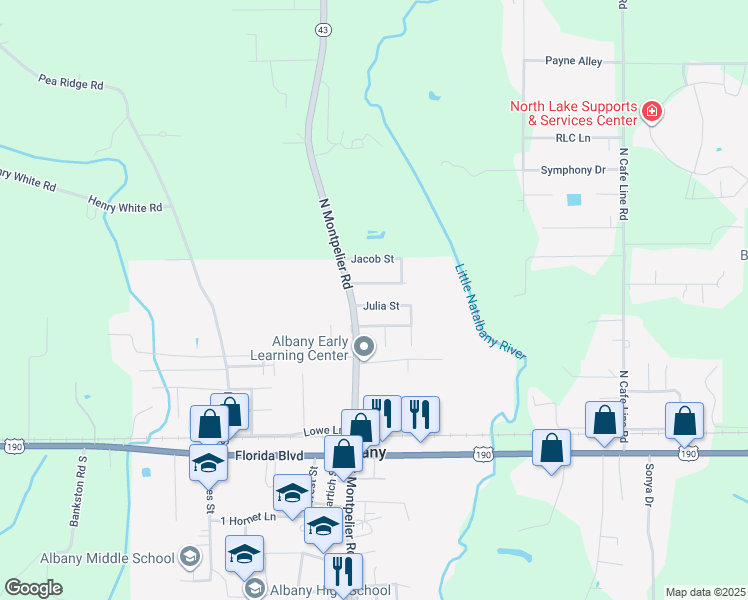 map of restaurants, bars, coffee shops, grocery stores, and more near 30093 Julia Street in Albany