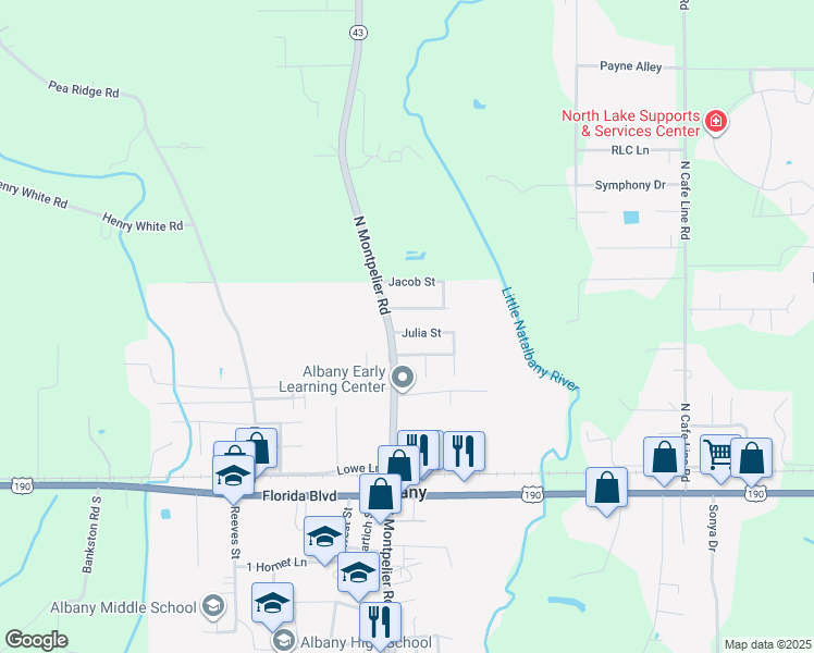 map of restaurants, bars, coffee shops, grocery stores, and more near 30093 Julia Street in Albany
