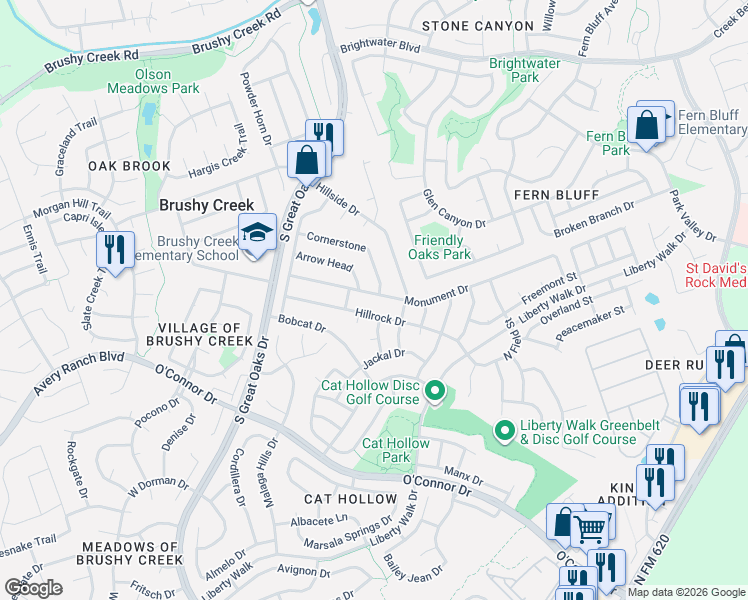 map of restaurants, bars, coffee shops, grocery stores, and more near 3507 Monument Dr in Round Rock