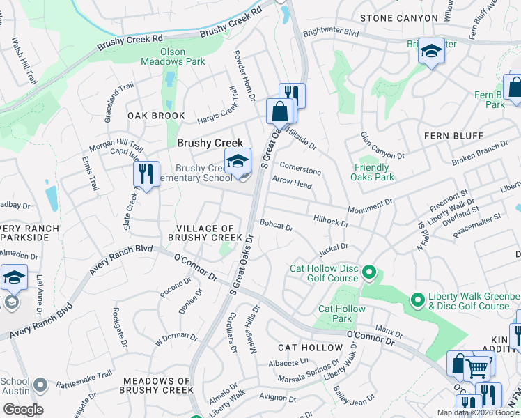map of restaurants, bars, coffee shops, grocery stores, and more near 300 Splitrock in Round Rock