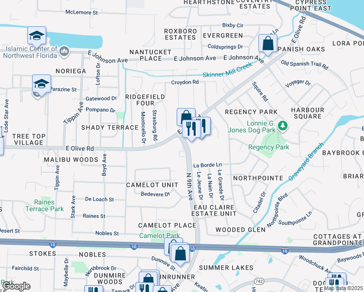map of restaurants, bars, coffee shops, grocery stores, and more near Unnamed Road in Pensacola