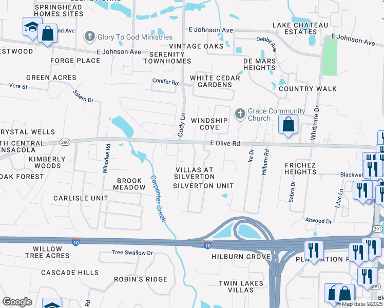 map of restaurants, bars, coffee shops, grocery stores, and more near 8061 Stonebrook Drive in Pensacola