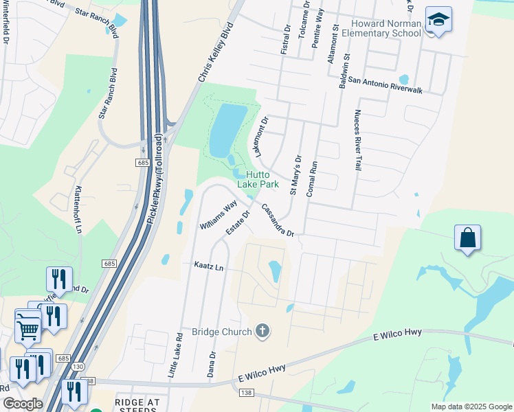 map of restaurants, bars, coffee shops, grocery stores, and more near 102 Cassandra Drive in Hutto