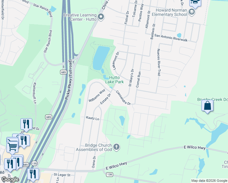map of restaurants, bars, coffee shops, grocery stores, and more near 102 Cassandra Drive in Hutto