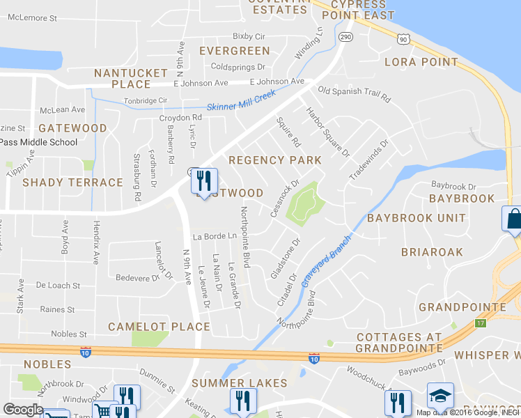 map of restaurants, bars, coffee shops, grocery stores, and more near Eastpointe Drive in Pensacola