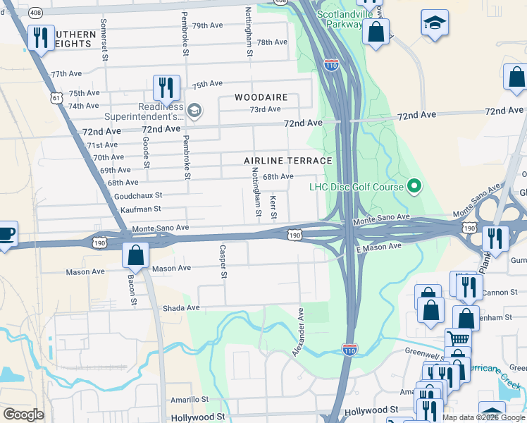 map of restaurants, bars, coffee shops, grocery stores, and more near 6536 Nottingham Street in Baton Rouge