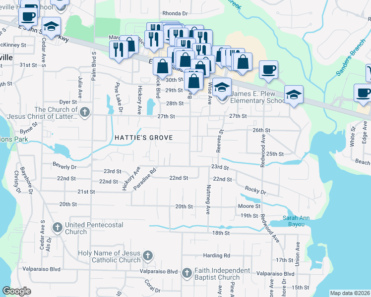map of restaurants, bars, coffee shops, grocery stores, and more near 630 Bailey Drive in Niceville