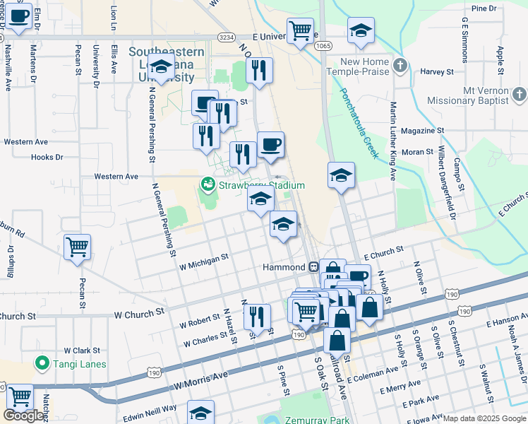 map of restaurants, bars, coffee shops, grocery stores, and more near 708 North Magnolia Street in Hammond