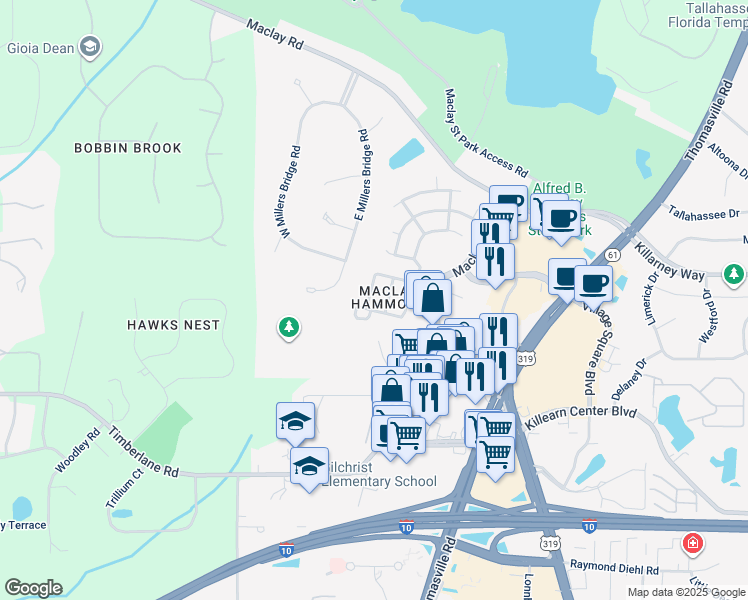 map of restaurants, bars, coffee shops, grocery stores, and more near 1253 Mosswood Chase in Tallahassee