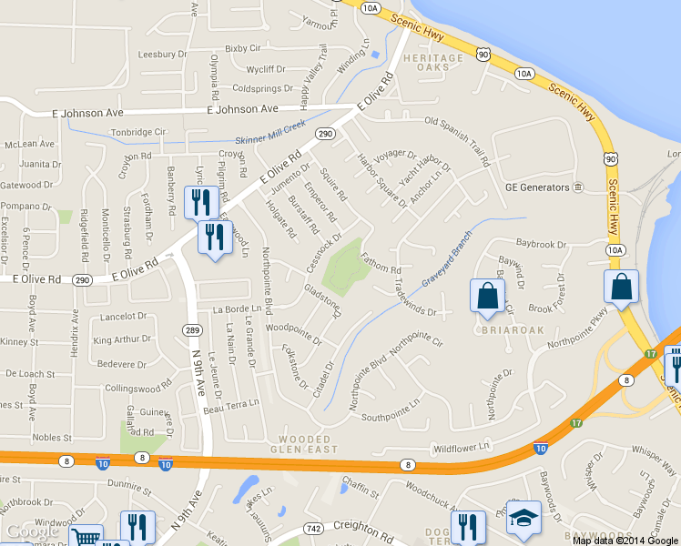 map of restaurants, bars, coffee shops, grocery stores, and more near 8245 Fathom Road in Pensacola