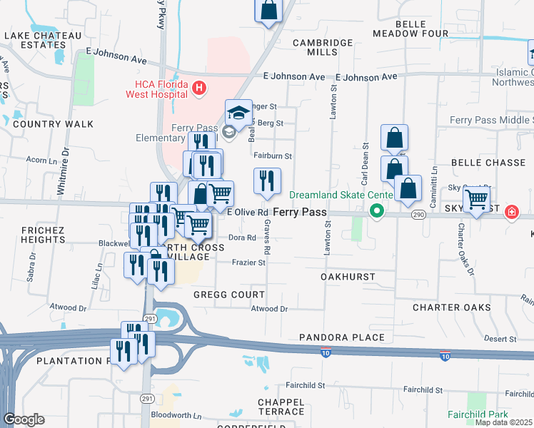 map of restaurants, bars, coffee shops, grocery stores, and more near 8045 Graves Rd in Pensacola