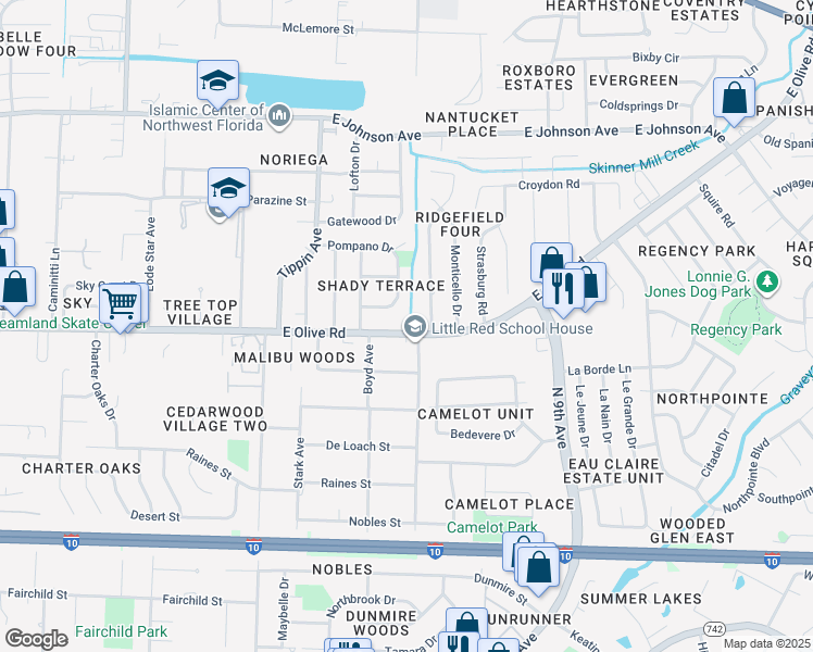 map of restaurants, bars, coffee shops, grocery stores, and more near 3776 East Olive Road in Pensacola