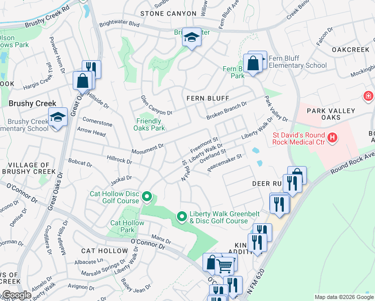 map of restaurants, bars, coffee shops, grocery stores, and more near 3110 Freemont Street in Round Rock