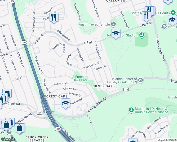 map of restaurants, bars, coffee shops, grocery stores, and more near 404 Trailridge Drive in Cedar Park