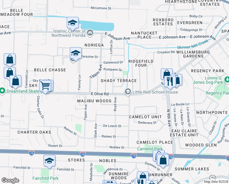 map of restaurants, bars, coffee shops, grocery stores, and more near 8100 6 Pence Drive in Pensacola