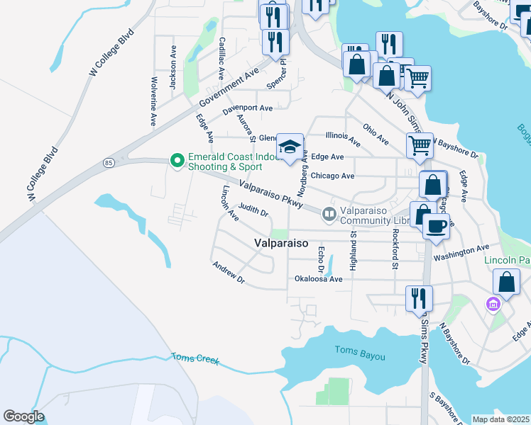 map of restaurants, bars, coffee shops, grocery stores, and more near 136 Judith Drive in Valparaiso