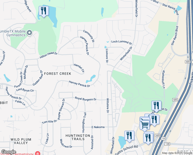 map of restaurants, bars, coffee shops, grocery stores, and more near 3910 Harvey Penick Drive in Round Rock