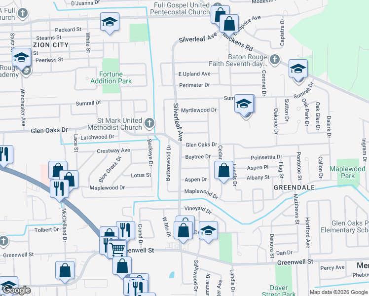 map of restaurants, bars, coffee shops, grocery stores, and more near 6444 Silverleaf Avenue in Baton Rouge