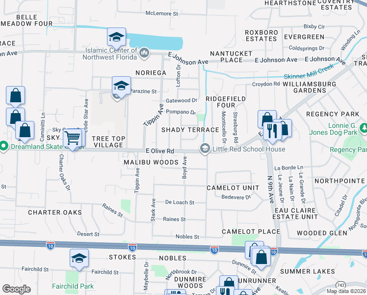 map of restaurants, bars, coffee shops, grocery stores, and more near 8100 6 Pence Drive in Pensacola