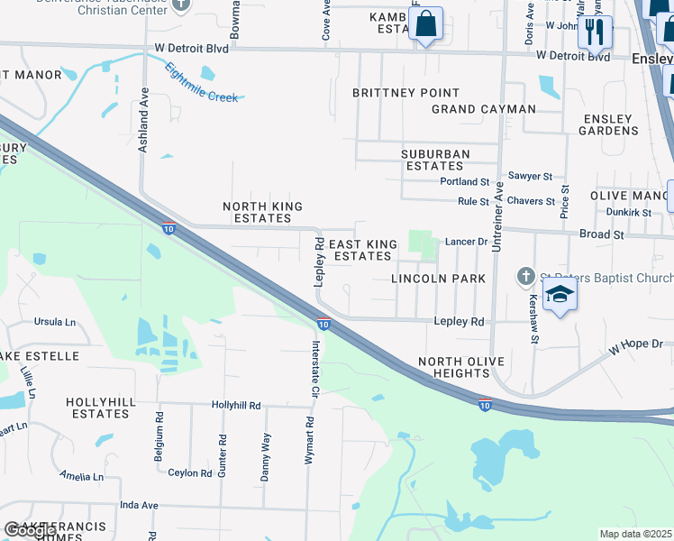 map of restaurants, bars, coffee shops, grocery stores, and more near 1609 Unity Court in Pensacola
