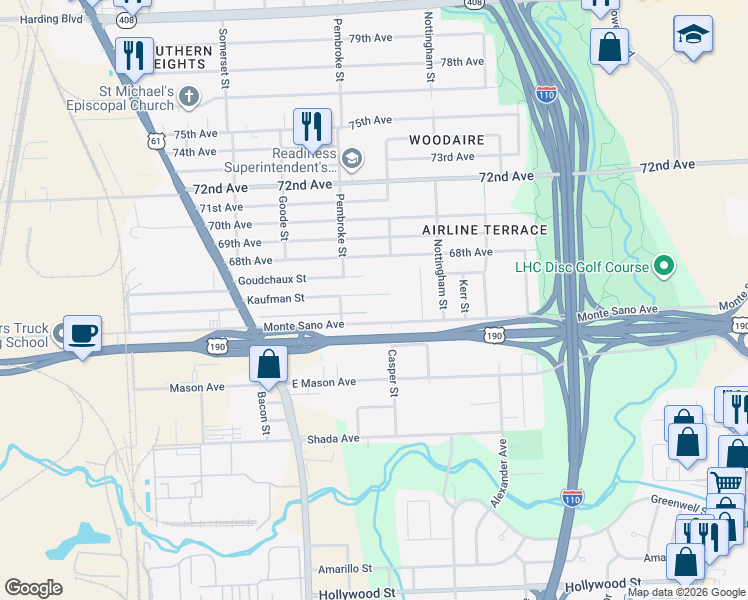 map of restaurants, bars, coffee shops, grocery stores, and more near 2428 Kaufman Street in Baton Rouge