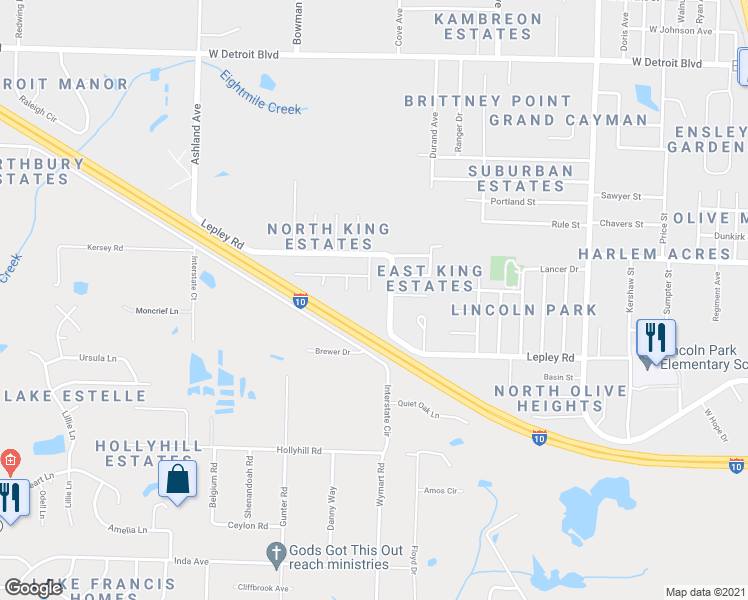 map of restaurants, bars, coffee shops, grocery stores, and more near 7800 Calahan Place in Pensacola