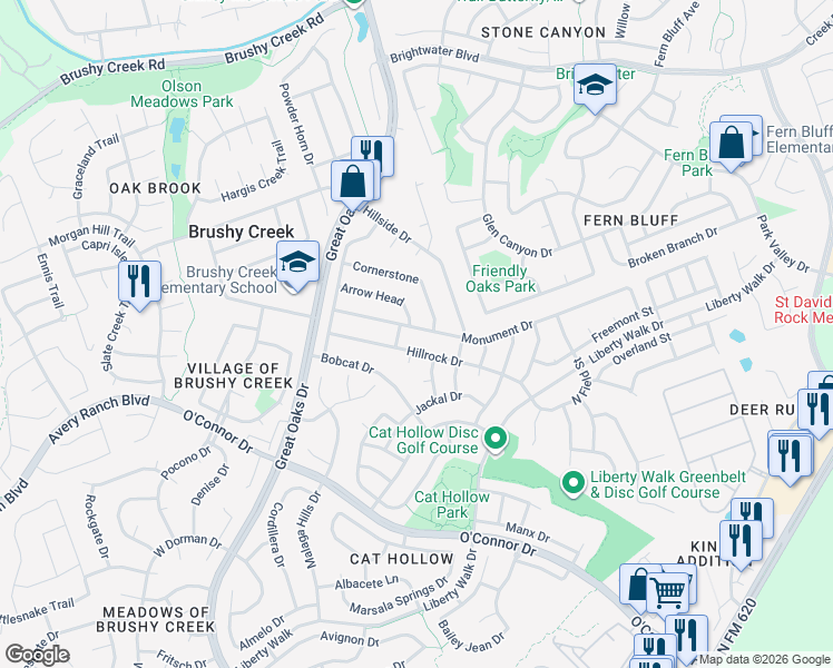 map of restaurants, bars, coffee shops, grocery stores, and more near 3511 Monument Drive in Round Rock