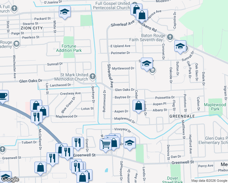map of restaurants, bars, coffee shops, grocery stores, and more near 6444 Silverleaf Avenue in Baton Rouge