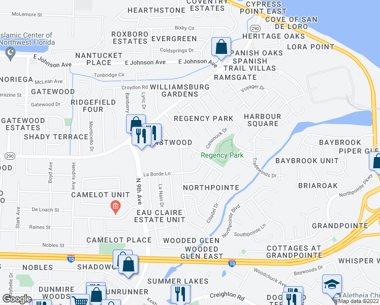 map of restaurants, bars, coffee shops, grocery stores, and more near 4407 Eastpointe Drive in Pensacola