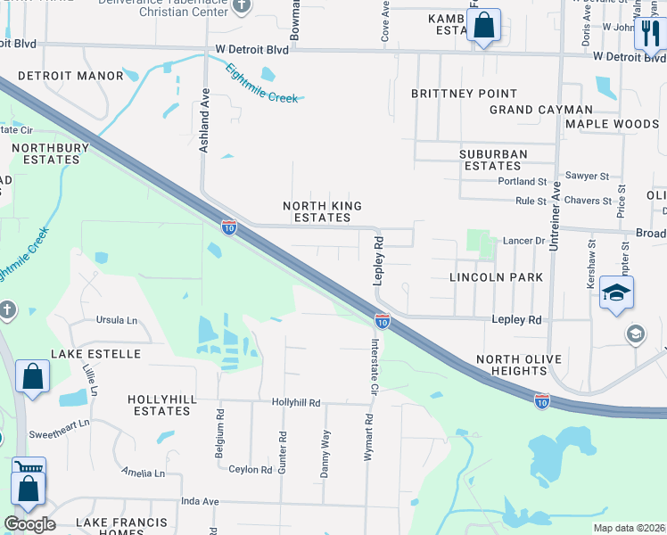 map of restaurants, bars, coffee shops, grocery stores, and more near 1711 Dauphine Street in Pensacola