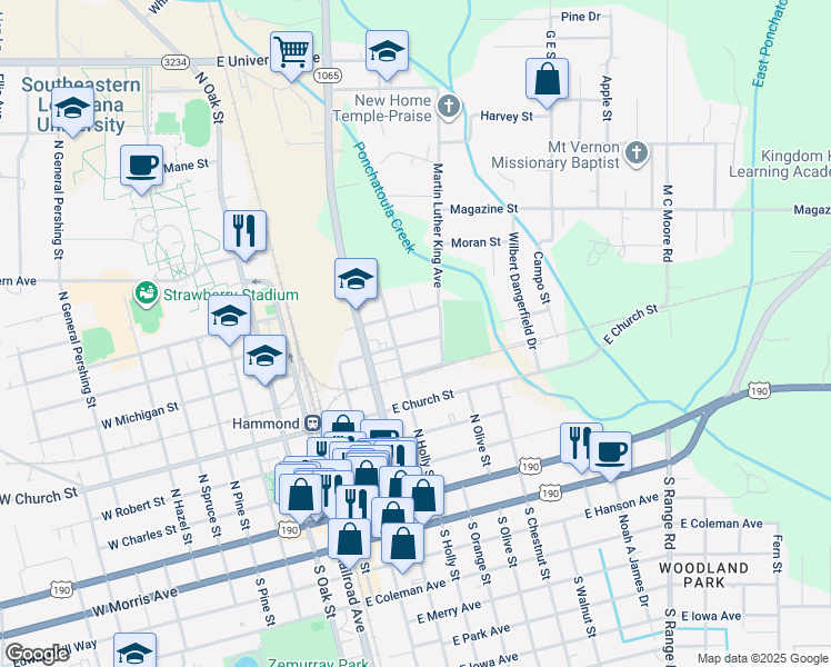 map of restaurants, bars, coffee shops, grocery stores, and more near 502 East Michigan Street in Hammond