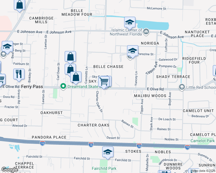 map of restaurants, bars, coffee shops, grocery stores, and more near 3072 East Olive Road in Pensacola
