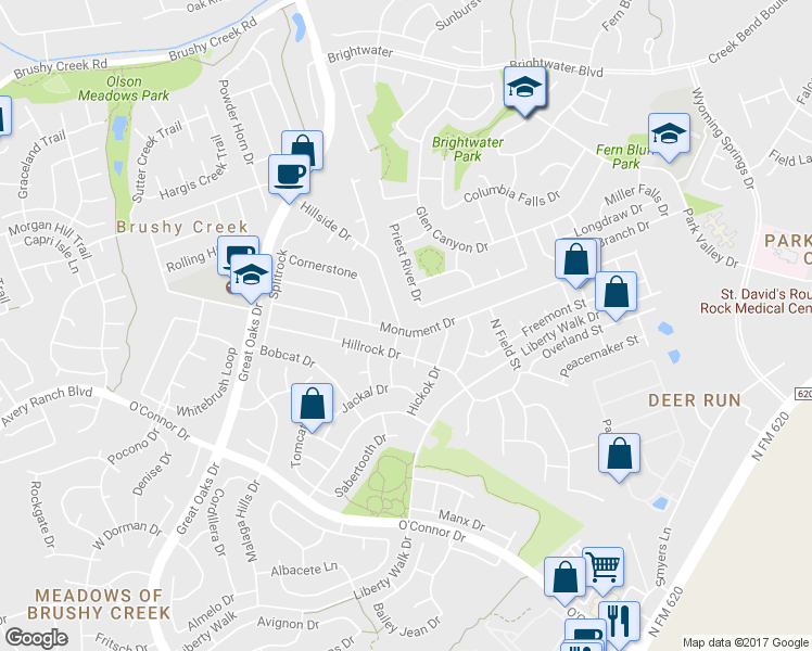 map of restaurants, bars, coffee shops, grocery stores, and more near 303 Hillside Drive in Round Rock