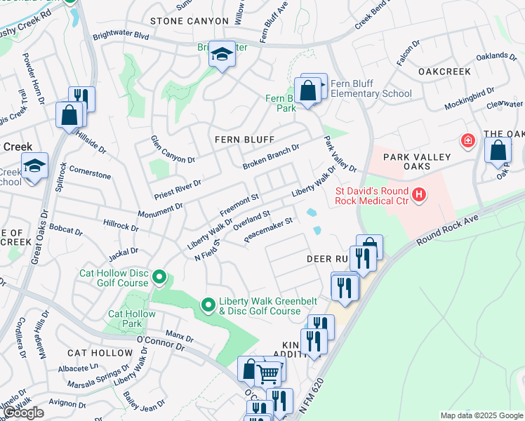 map of restaurants, bars, coffee shops, grocery stores, and more near 3002 Overland St in Round Rock