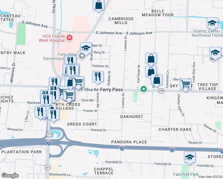 map of restaurants, bars, coffee shops, grocery stores, and more near in Ferry Pass